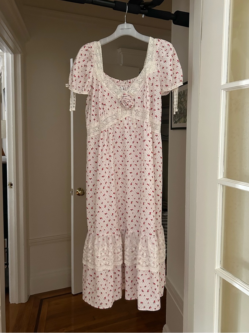 BNWT White and Pink Floral Lace-Trim Midi Dress